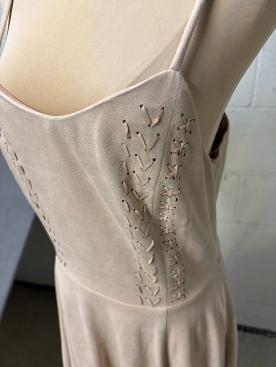 Miss Me Blush Beige Mini Dress Spaghetti Strap Lace-Up Boho Feminine Spring Summ - Picture 4 of 11